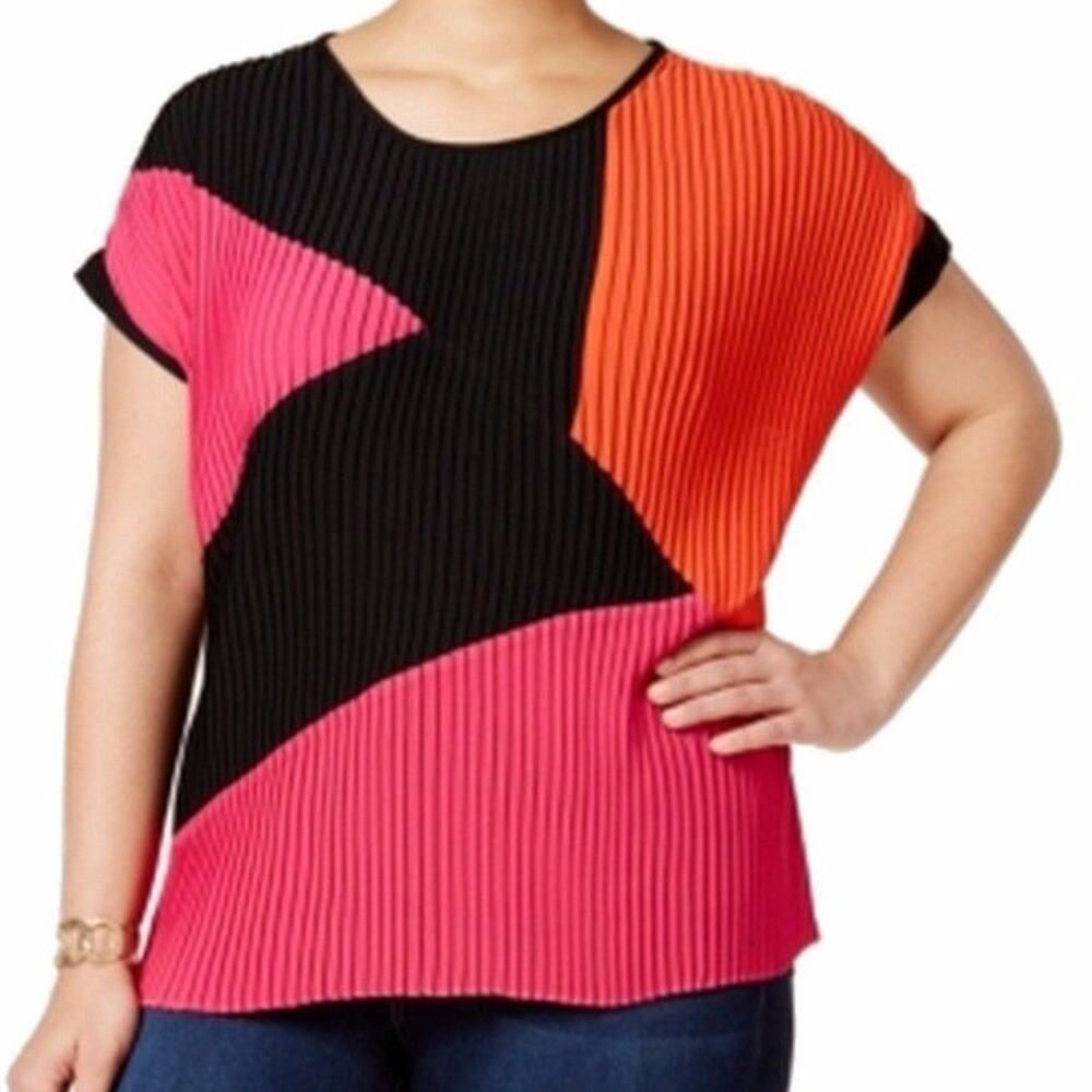 NY Collection Pleated Top 1X Color Block Cap Sleeve Career Plus Tunic Blouse New